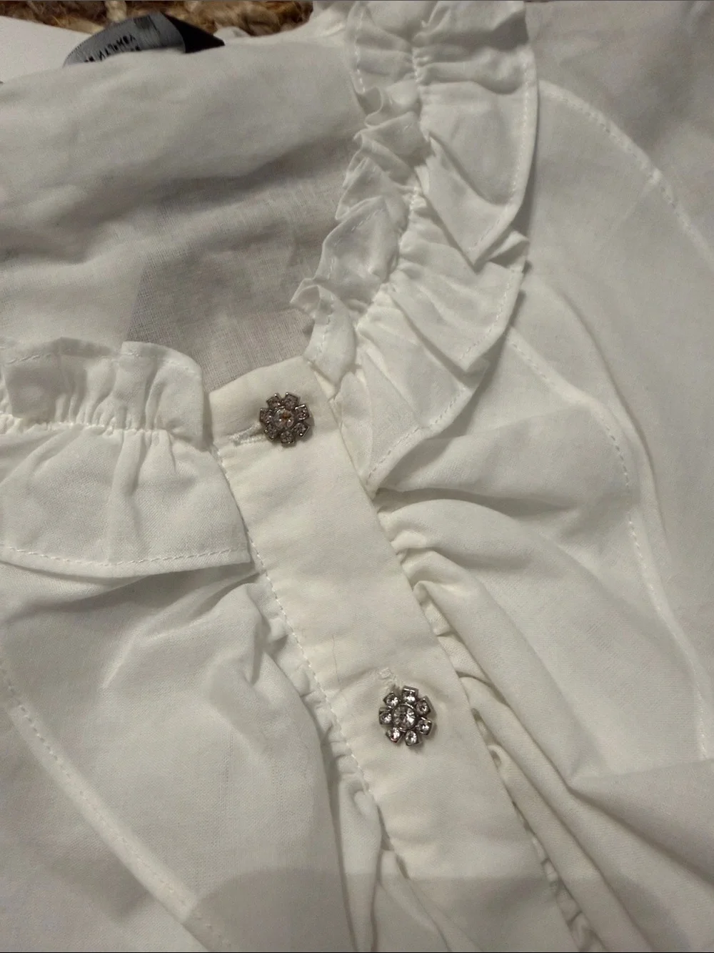 Zara White Ruffle Front Long Sleeve Blouse